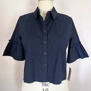 CAD Cropped Preppy Blouse w/ Ruffled Sleeves NWT Medium